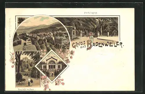 Lithographie Badenweiler, Parkeingang, Marmor Bad, Gesamtansicht