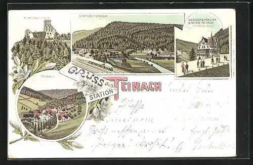Lithographie Teinach, Gasthof und Pension Station Teinach, Bahnhof, Ruine Zavelstein