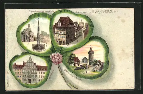 Passepartout-Lithographie Nürnberg, Dürerhaus, Schöner Brunnen mit Frauenkirche, Burgpartie, Kleeblatt