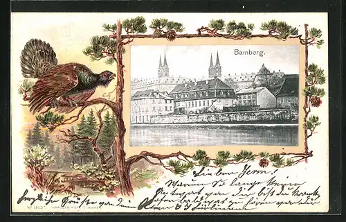 Passepartout-Lithographie Bamberg, Ortspartie vom Wasser aus, Auerhahn
