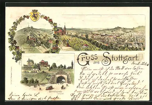 Lithographie Stuttgart, Hasenberg Steige, Schwabstrass-Tunnel, Gesamtansicht