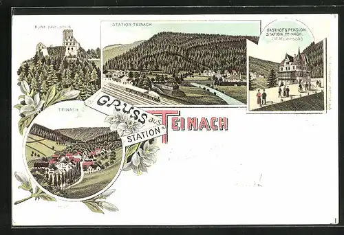 Lithographie Teinach, Ruine Zavelstein, Gasthof u. Pension Station Teinach, Bahnhof