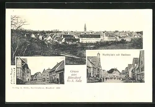 AK Binsdorf, Marktplatz mit Rathaus, Strassenpartie im Ort, Totalansicht