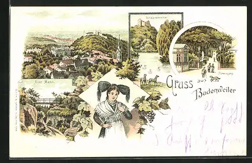 Lithographie Badenweiler, Frau mit grosser Haarschleife, Schwaneweiher, Alter Mann, Totalansicht