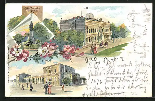 Lithographie Pforzheim, Post, Bahnhof, Kaiser Wilhelm Denkmal