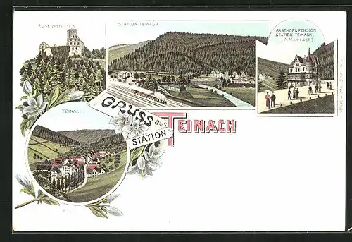 Lithographie Teinach, Gasthof und Pension Station Teinach, Bahnhof, Ruine Zavelstein