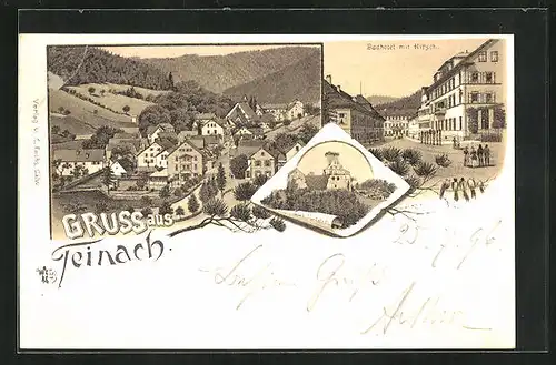 Lithographie Teinach, Badhotel mit Hirsch, Zavelstein, Gesamtansicht