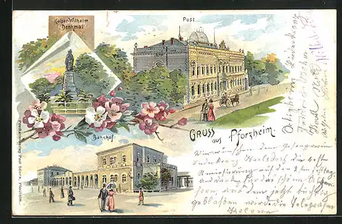 Lithographie Pforzheim, Kaiser Wilhelm Denkmal, Bahnhof