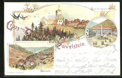Lithographie Teinach-Zavelstein, Badhotel, Ruine, Totalansicht