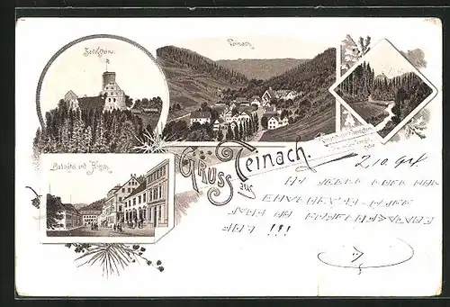 Vorläufer-Lithographie Teinach, 1894, Zavelstein, Badhotel und Hirsch, Teinachthal