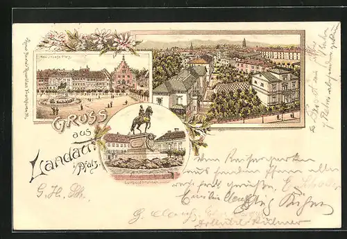 Lithographie Landau i. Pfalz, Max-Josefs Platz, Luitpoldbrunnen, Ortspartie aus der Vogelschau