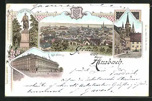 Lithographie Ansbach, Kgl. Schloss, Graf v. Platen, Oberer Markt