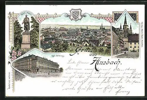 Lithographie Ansbach, Kgl. Schloss, Graf v. Platen, Oberer Markt