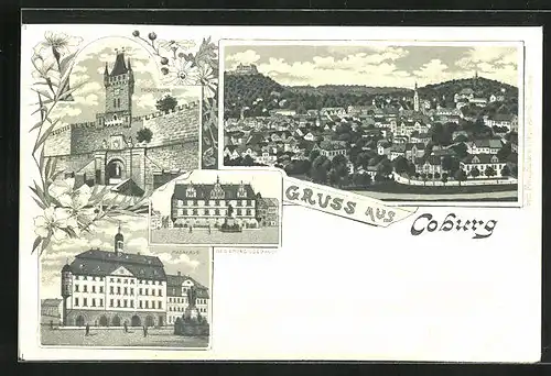 Lithographie Coburg, Regierungsgebäude, Thorburg, Rathaus