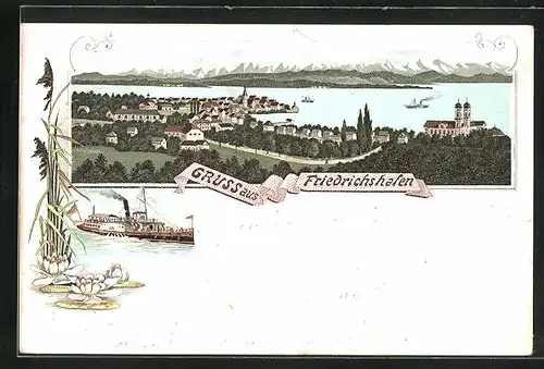 Lithographie Friedrichshafen, Dampfer, Panorama mit Fluss und Bergkette