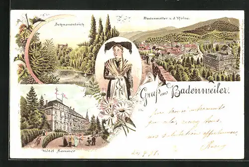 Lithographie Badenweiler, Frau mit Haarschleife, Schwanenteich, Hotel Sommer, Totalansicht