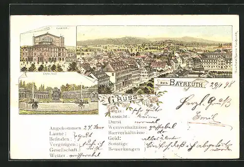 Lithographie Bayreuth, Theater, Eremitage, Teilansicht aus der Vogelschau