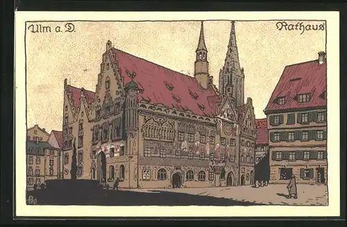 Steindruck-AK Ulm a. D., Platz am Rathaus