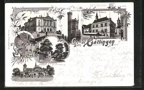 Lithographie Göttingen, Theater, Rathaus, Stadtpark, Bismarckturm