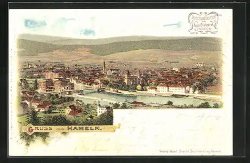 Lithographie Hameln, Gesamtansicht mit Weserbrücke