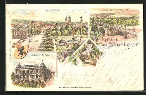 Lithographie Stuttgart, Landesgewerbe-Museum, Neue Neckarbrücke, Altes Schloss