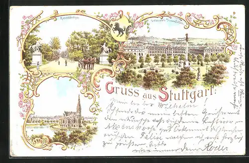 Lithographie Stuttgart, Rossebändiger, Schlossplatz, Johanneskirche