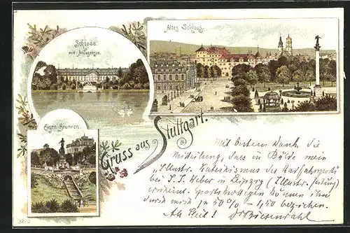 Lithographie Stuttgart, Schloss mit Anlagensee, Eugenbrunnen, Altes Schloss