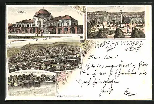 Lithographie Stuttgart, Solitude, Schloss Rosenstein, Königliches Schloss