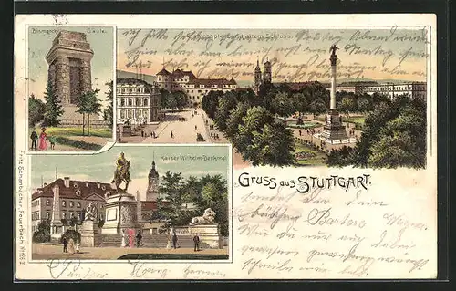 Lithographie Stuttgart, Bismarcksäule, Schlossplatz, Kaiser-Wilhelm-Denkmal