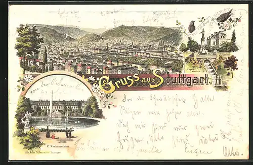 Lithographie Stuttgart, K. Residenzschloss, Eugensbrunnen, Totalansicht