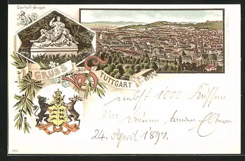 Lithographie Stuttgart, Wappen mit Löwe und Hirsch, Totalansicht, Eberhardgruppe