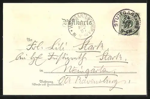 Lithographie Stuttgart, Wappen mit Löwe und Hirsch, Totalansicht, Eberhardgruppe