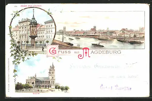 Lithographie Magdeburg, Kaiser Otto Denkmal, Dom, Dampfer