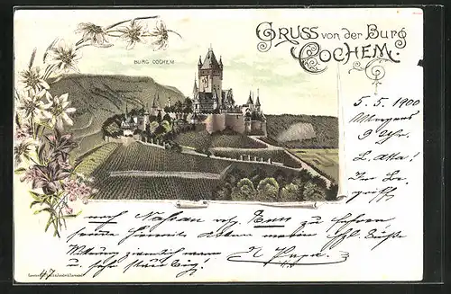 Lithographie Cochem, Blick auf die Burg