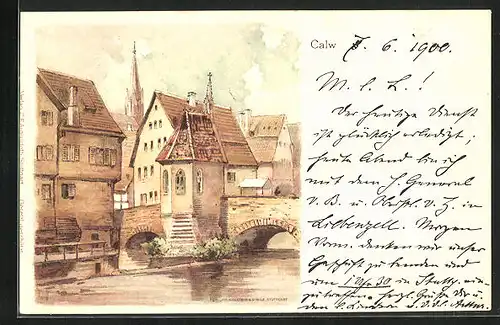 Lithographie Calw, Erker an Brücke