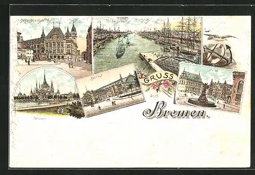 Lithographie Bremen, Gerichtsgebäude, Bahnhof, Markt, Freihafen