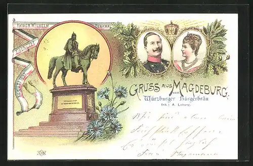 Lithographie Magdeburg, Enthüllung des Kaiser Wilhelm Denkmals 1897