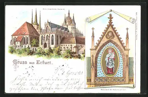 Lithographie Erfurt, Dom und Severikirche, Mosaikbild der Madonna