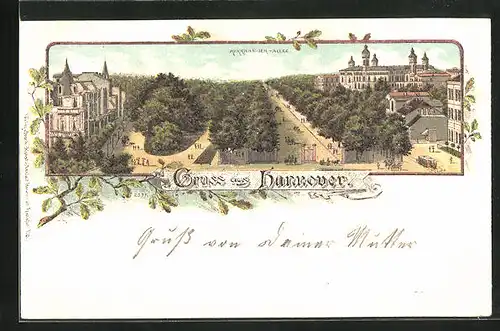 Lithographie Hannover, Strassenpartie der Herrnhäsuer-Allee