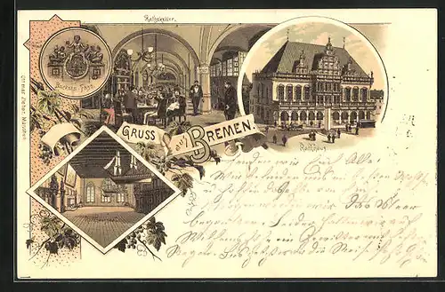 Lithographie Bremen, Ratskeller, Rathaus mit Innenansicht, Bachusfass