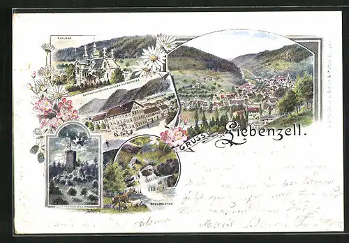 Lithographie Liebenzell, Gasthof zum Ochsen, Schloss, Mohnbachtal, Panorama