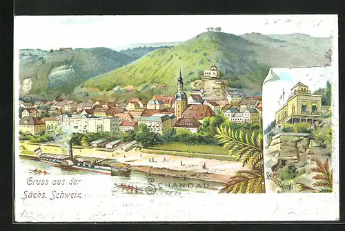 Lithographie Schandau, Schlossbastei, Ortsansicht mit Dampfer