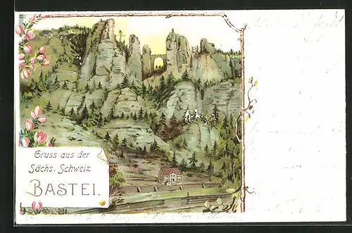 Lithographie Bastei /Sächsische Schweiz, Fernblick auf die Felsformation