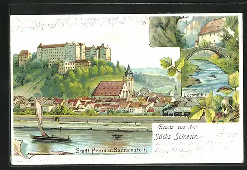 Lithographie Pirna, Lochmühle, Schloss Sonnenstein, Flusspartie