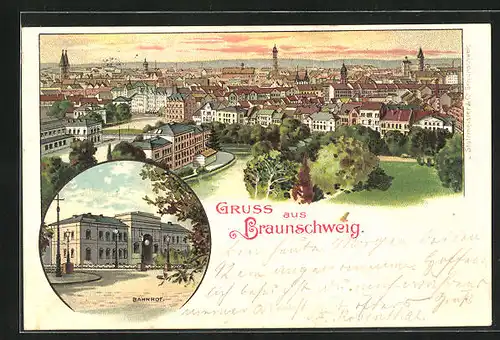 Lithographie Braunschweig, Gesamtansicht, Bahnhof