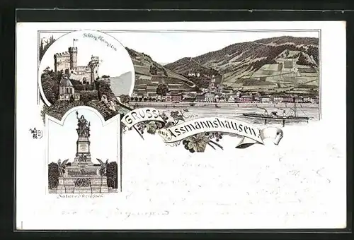 Lithographie Assmannshausen, Schloss Rheinstein, Nationaldenkmal, Dampfer