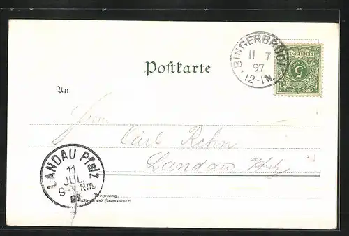 Lithographie Assmannshausen, Schloss Rheinstein, Nationaldenkmal, Dampfer