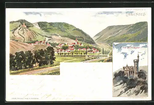 Lithographie Liebenzell, Villa Schlayer, Fernblick auf die Ortschaft