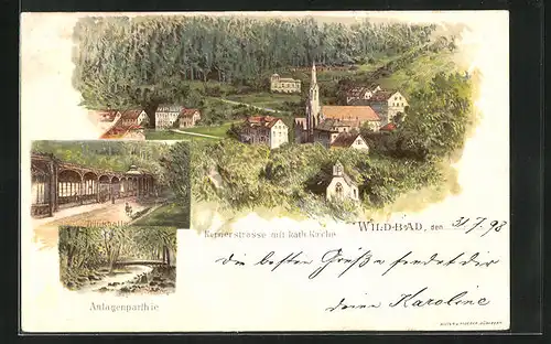 Lithographie Wildbad, Trinkhalle, Anlagenpartie, Kernerstrasse mit kath. Kirche