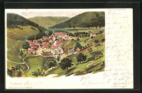 Lithographie Teinach, Ortsansicht aus der Ferne